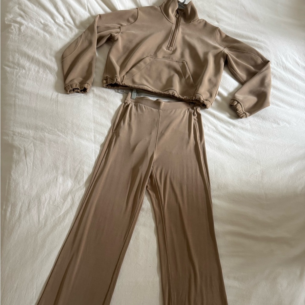 Lulu Lemon Two-Piece Taupe Lounge Set - Split Flare Leg Pant & Crop Zip Jkt